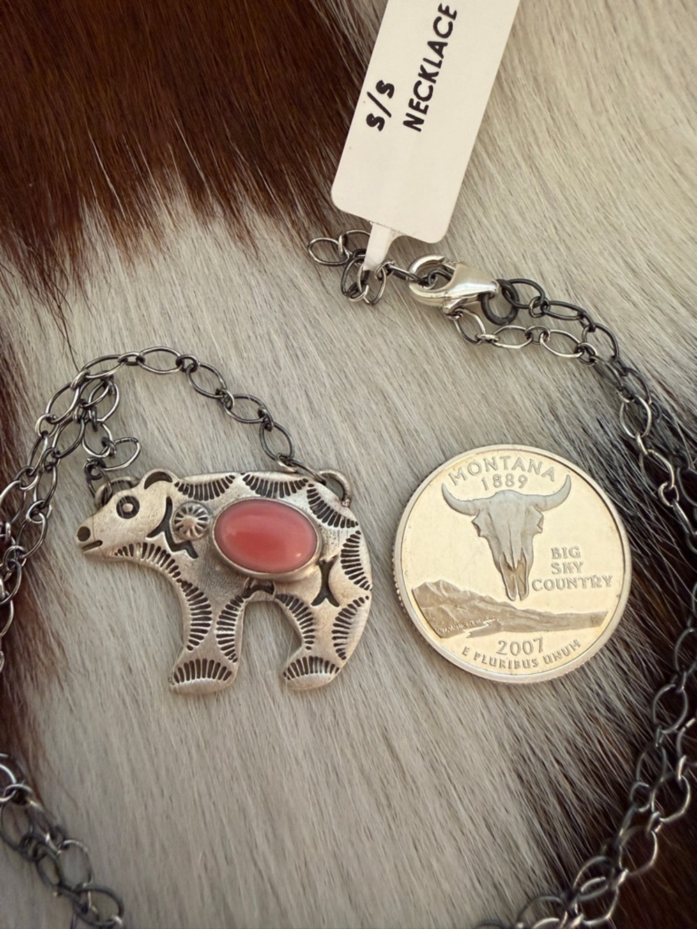 ❤️ Queen Pink Conch Hand Stamped Statement Bear Necklace Matte Sterling 18+2” - Picture 10 of 13